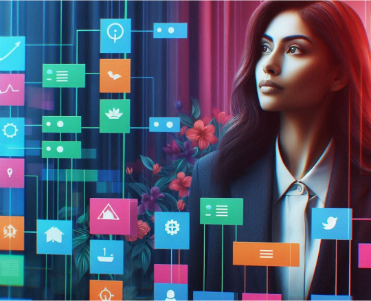Imagem de uma mulher com aplicativos de gerenciamento de projetos